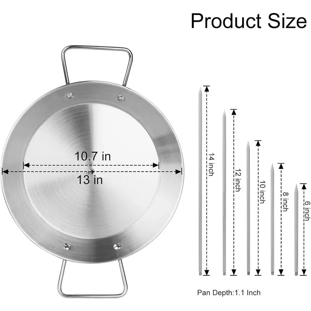 Grill Skewer, XL 13 Inch Pan, Fat Separator, Spit Stand, 5 Spikes & 2 Brushes